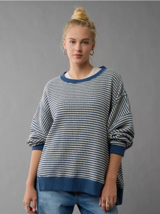 American Eagle Outfitters Sweaters - American Eagle Women's XL Casual Big Hug Textured Waffle Sweater Blue and Cream